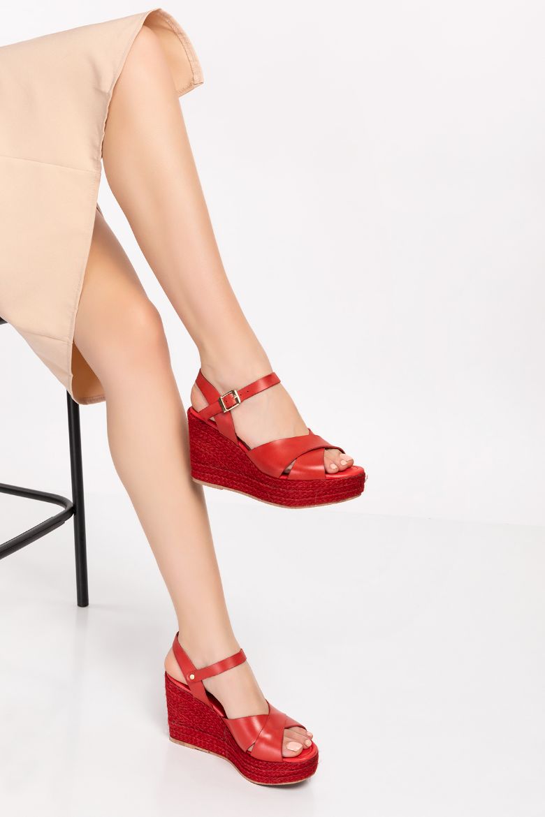 Hakiki Vageta Deri Topuklu Kadın Sandalet 34-35-41-42-43-44 Numara Kırmızı resmi