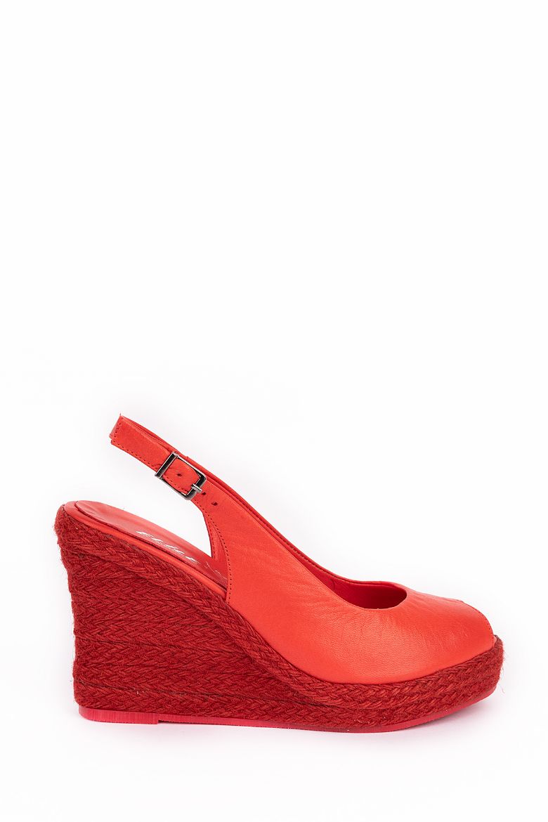 Hakiki Deri Topuklu Hasır Taban Kadın Sandalet 34-35-41-42 Numara Kırmızı resmi