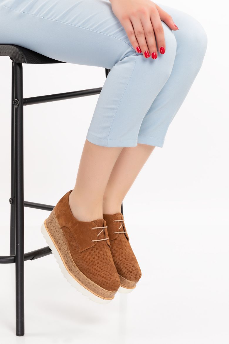  Hakiki Deri  Platform  Oxford Kadın Ayakkabı taba süet resmi