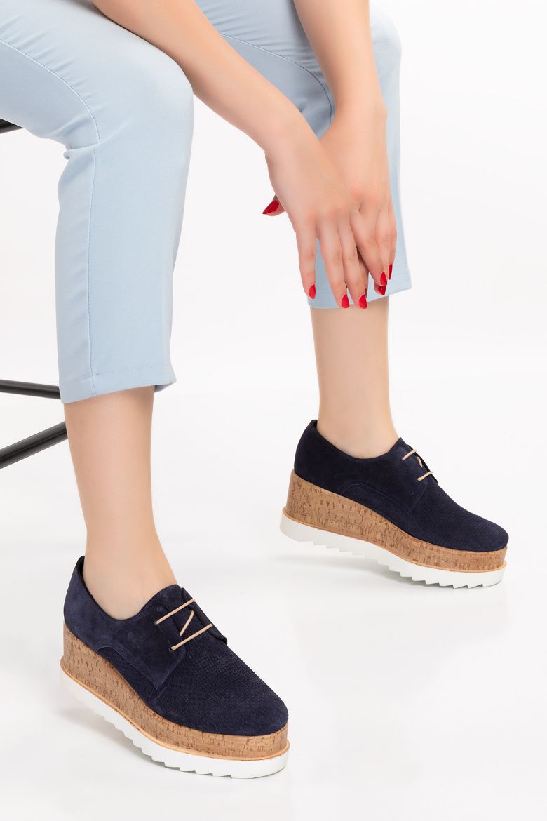  Hakiki Deri  Platform  Oxford Kadın Ayakkabı lacivert süet resmi