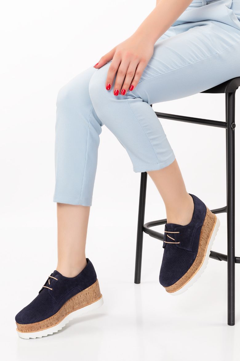  Hakiki Deri  Platform  Oxford Kadın Ayakkabı lacivert süet resmi