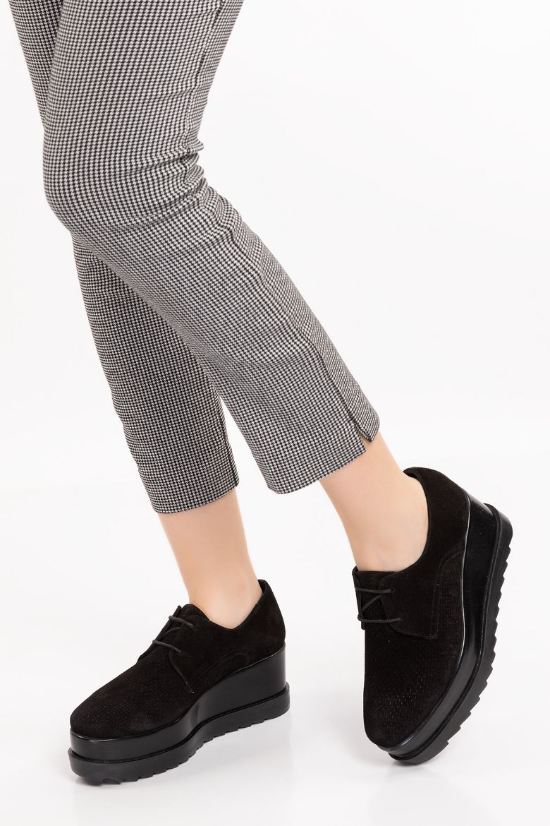 Hakiki Deri  Platform  Oxford Kadın Ayakkabı siyah süet resmi