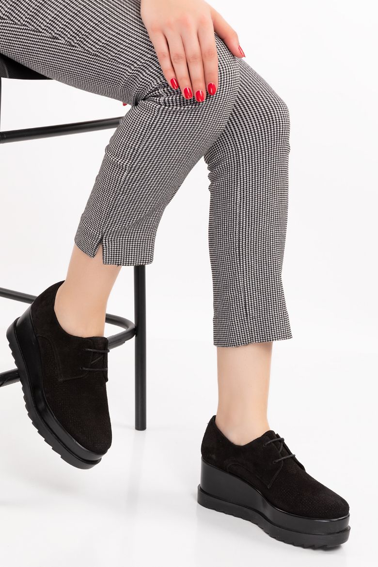 Hakiki Deri  Platform  Oxford Kadın Ayakkabı siyah süet resmi